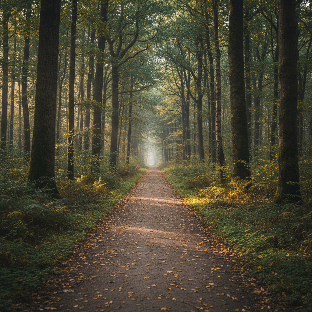 Ein Weg durch einen ruhigen Wald, der Bewegung und Natur miteinander verbindet, symbolisiert Routine.