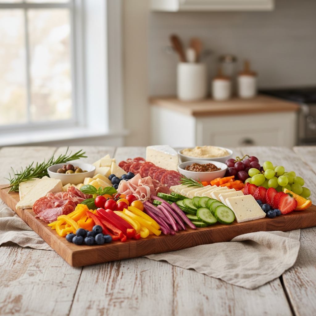 Aufschnitt von frischen, bunten und gesunden Lebensmitteln auf einem Holzbrett.