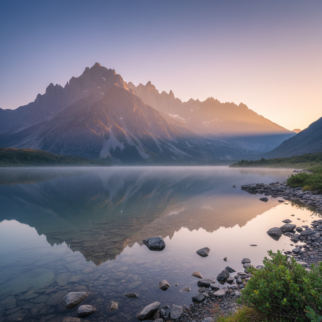 Ruhige Landschaft mit Bergen und einem See bei Sonnenaufgang, symbolisiert mentale Klarheit.