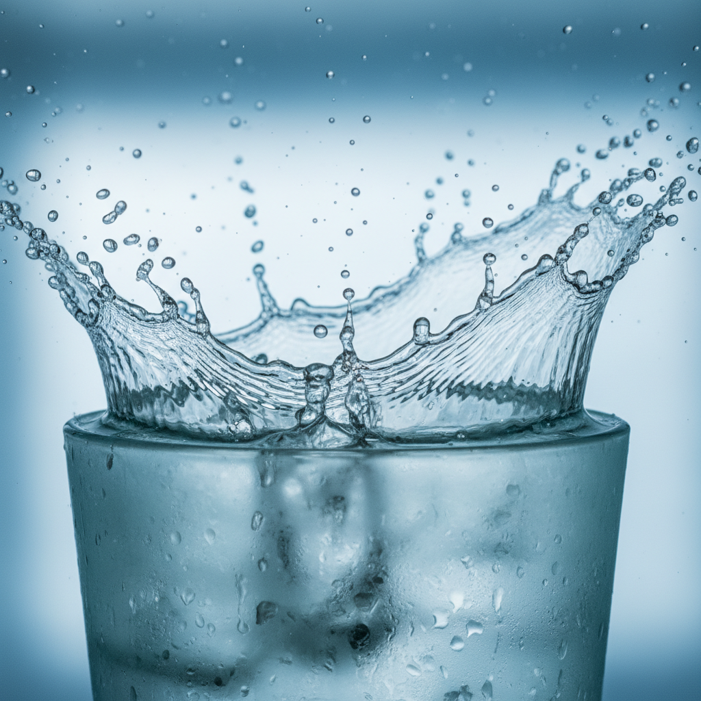 Detaillierte Nahaufnahme von Wasser, das auf eine Oberfläche spritzt, symbolisiert Hydration und Erfrischung.
