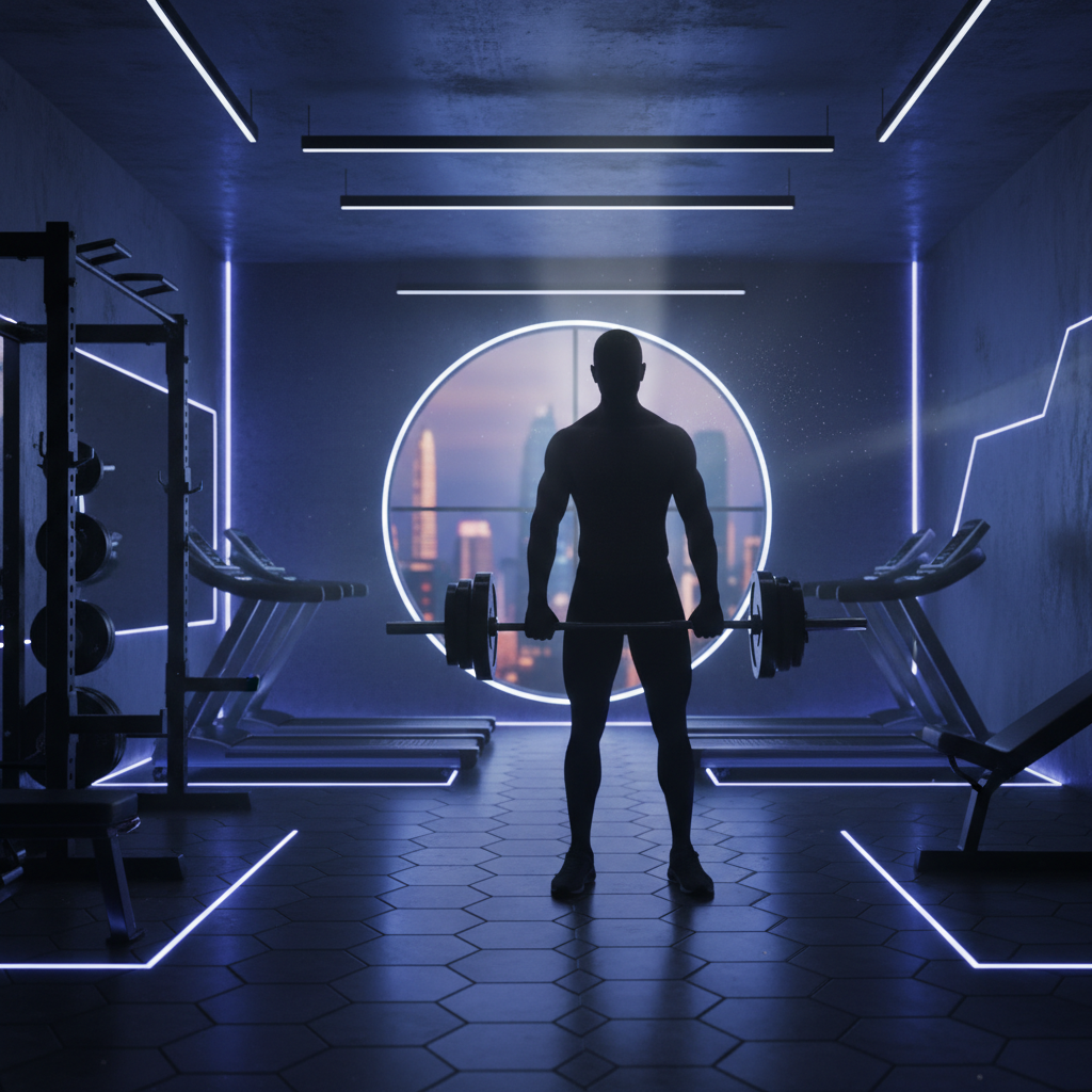 Unkenntliche Silhouette eines Mannes, der Gewichte in einem stilisierten Fitnessraum hebt.